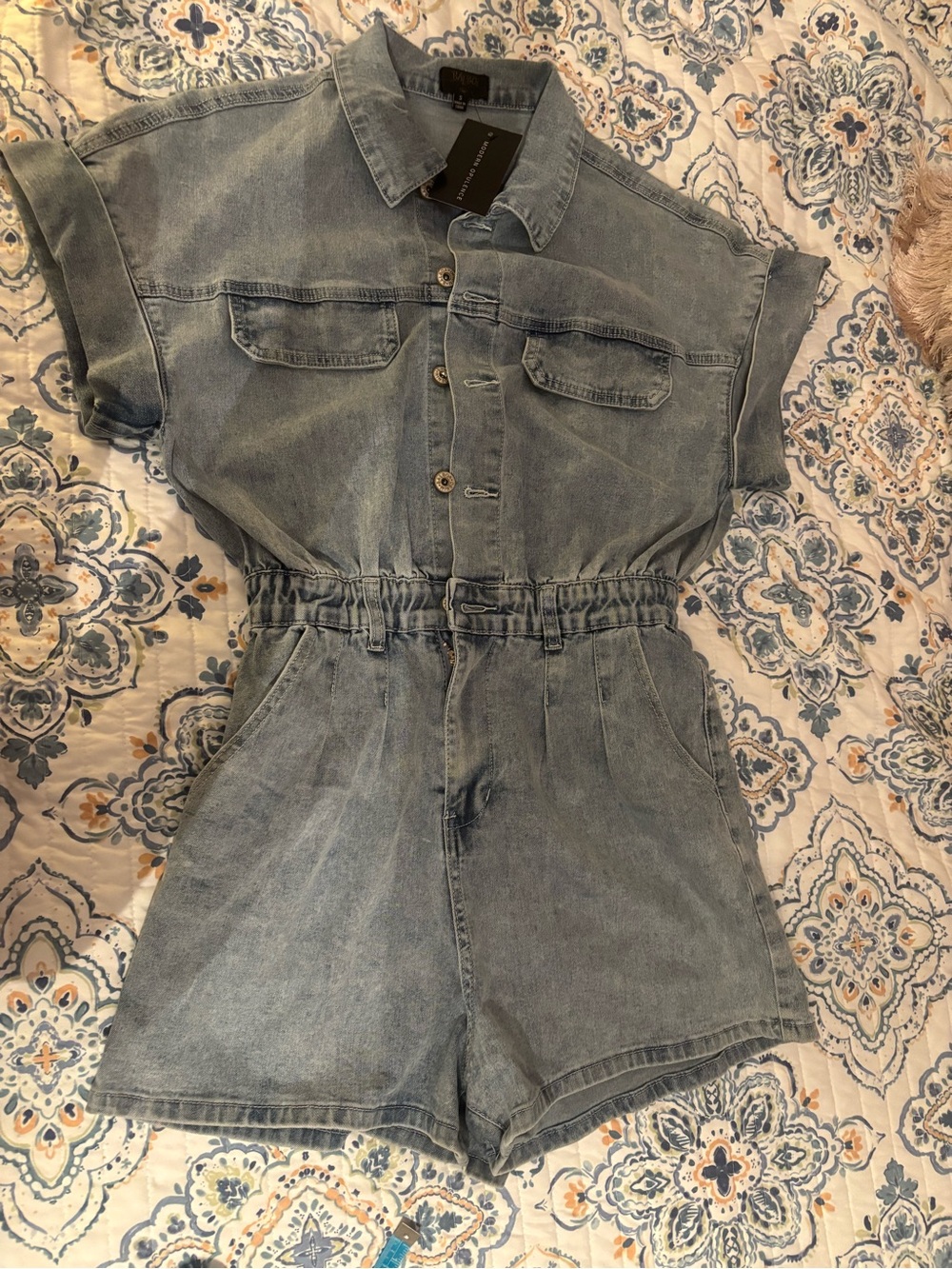 Light Blue Washed Denim Short Romper with Elastic Waist